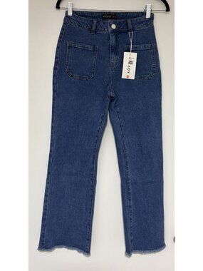 Kiczoy Women’s High Rise 2 Front Pockets Blue Stretchy Raw Hem Jeans Sz XS NWT